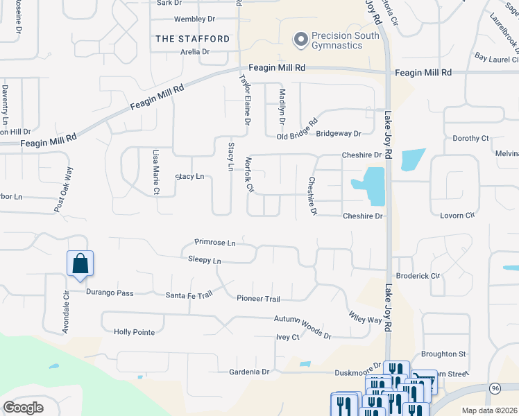 map of restaurants, bars, coffee shops, grocery stores, and more near 107 Lincolnshire Way in Warner Robins
