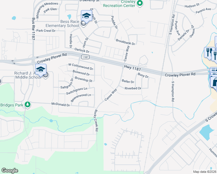 map of restaurants, bars, coffee shops, grocery stores, and more near 620 Marcus Lane in Crowley