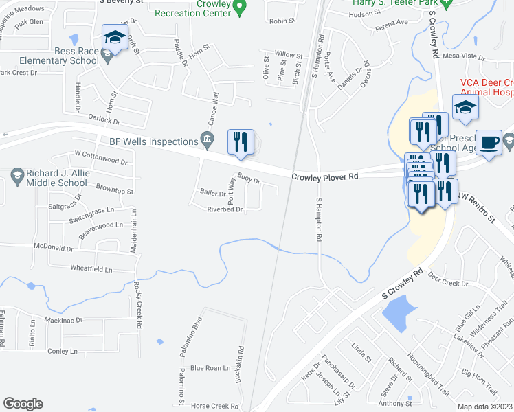 map of restaurants, bars, coffee shops, grocery stores, and more near 1125 Tacks Lane in Crowley