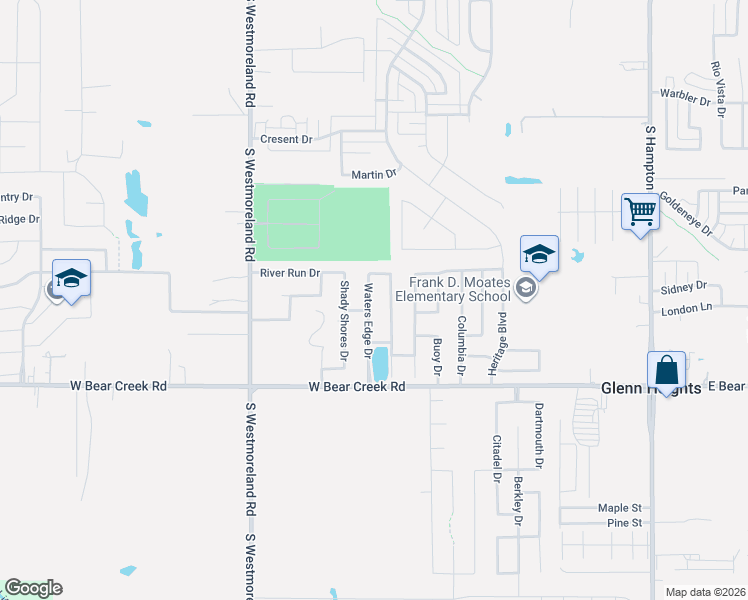map of restaurants, bars, coffee shops, grocery stores, and more near 1508 Waters Edge Drive in Glenn Heights
