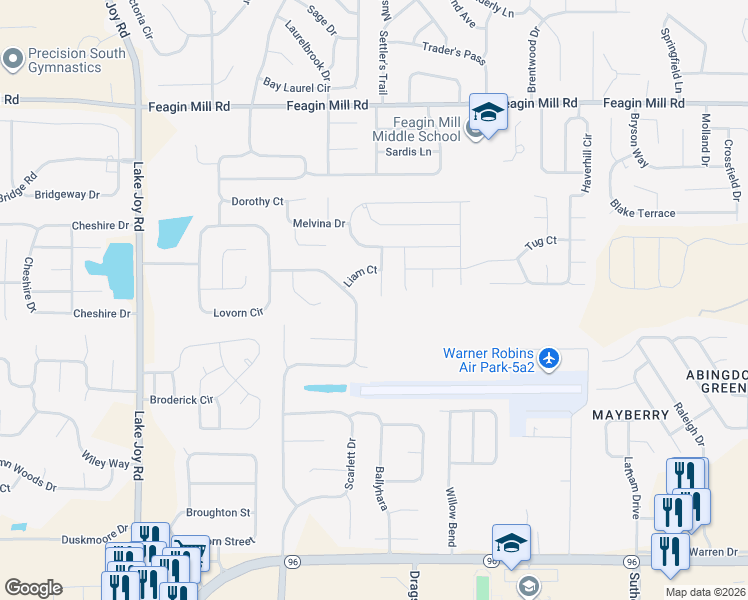 map of restaurants, bars, coffee shops, grocery stores, and more near 212 Apple Court in Warner Robins