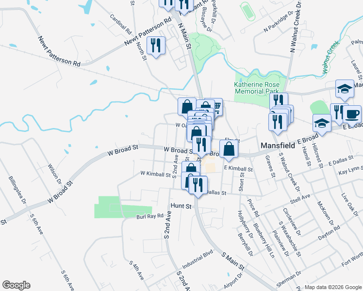 map of restaurants, bars, coffee shops, grocery stores, and more near 109 West Broad Street in Mansfield
