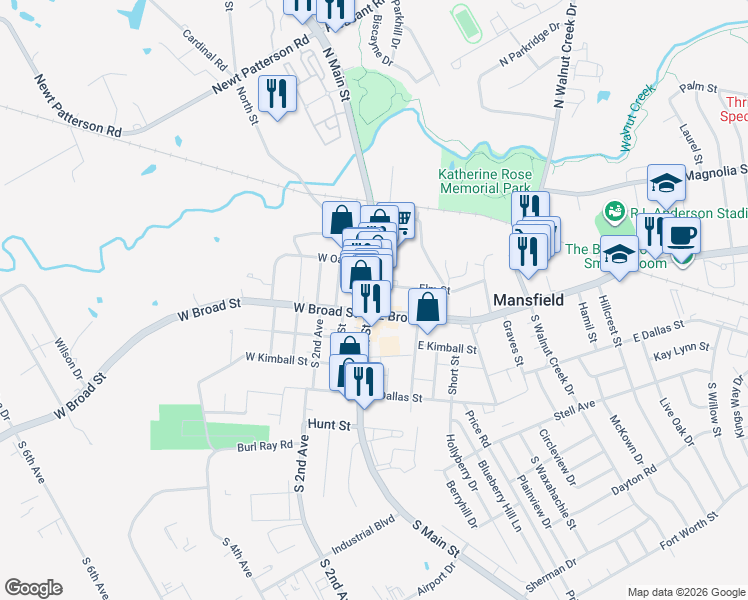 map of restaurants, bars, coffee shops, grocery stores, and more near 110 Farm to Market Road 157 in Mansfield