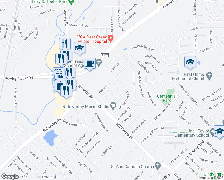 map of restaurants, bars, coffee shops, grocery stores, and more near 1412 Dandelion Trail in Burleson