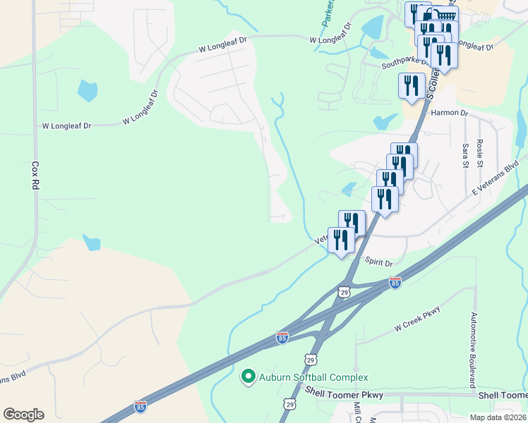 map of restaurants, bars, coffee shops, grocery stores, and more near 406 Veterans Boulevard in Auburn