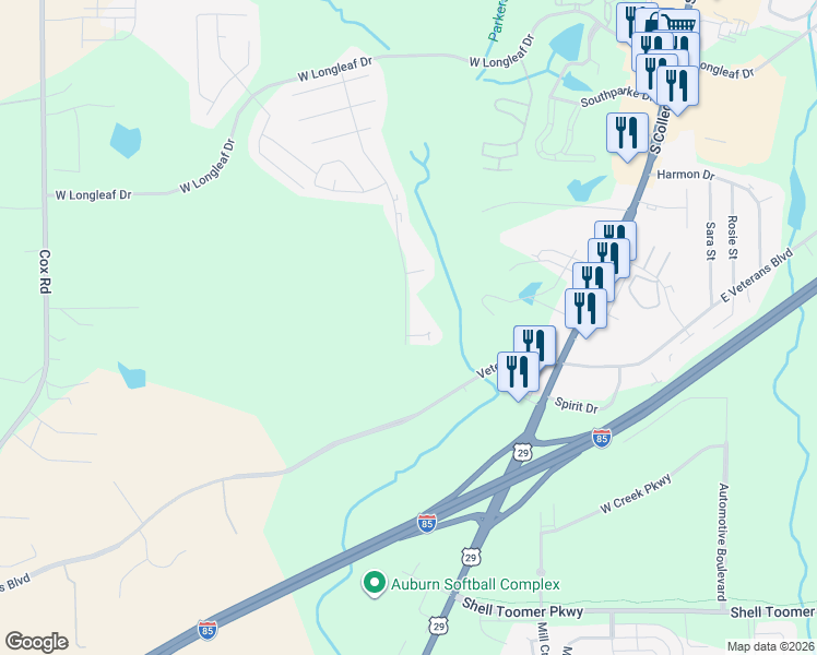 map of restaurants, bars, coffee shops, grocery stores, and more near 406 Veterans Boulevard in Auburn