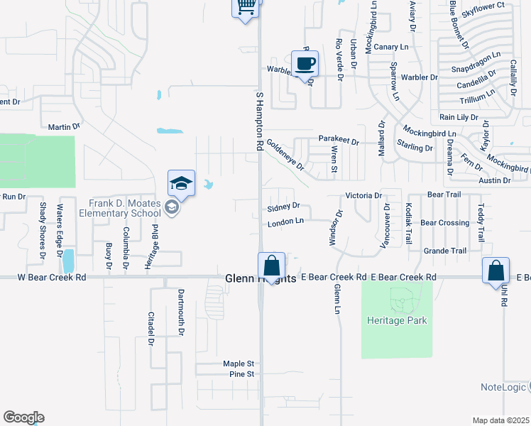 map of restaurants, bars, coffee shops, grocery stores, and more near 102 Sidney Drive in Red Oak