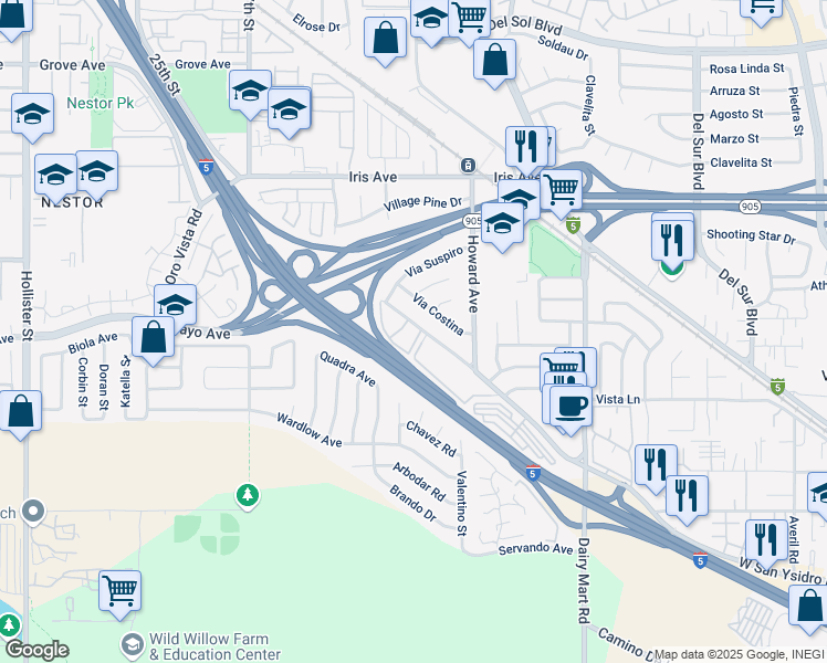 map of restaurants, bars, coffee shops, grocery stores, and more near 1316 West San Ysidro Boulevard in San Diego