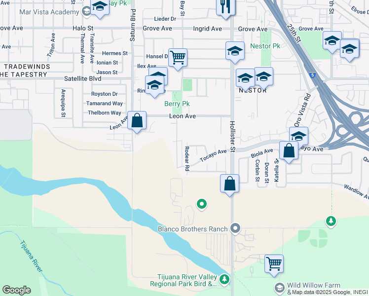 map of restaurants, bars, coffee shops, grocery stores, and more near 1698 Rodear Road in San Diego