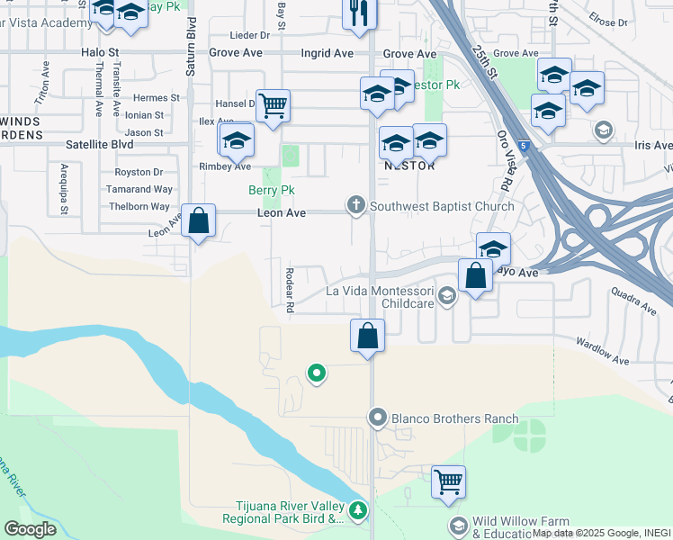 map of restaurants, bars, coffee shops, grocery stores, and more near 1735 Simpatico Court in San Diego
