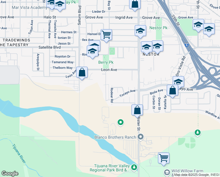 map of restaurants, bars, coffee shops, grocery stores, and more near 1698 Rodear Road in San Diego