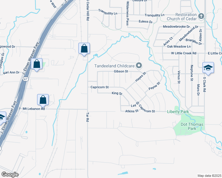 map of restaurants, bars, coffee shops, grocery stores, and more near 616 King Street in Cedar Hill