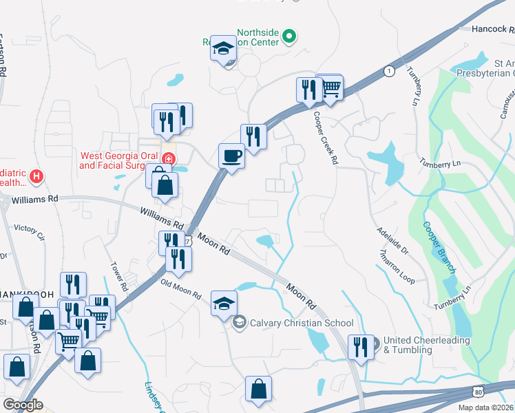 map of restaurants, bars, coffee shops, grocery stores, and more near 8082 Veterans Parkway in Columbus