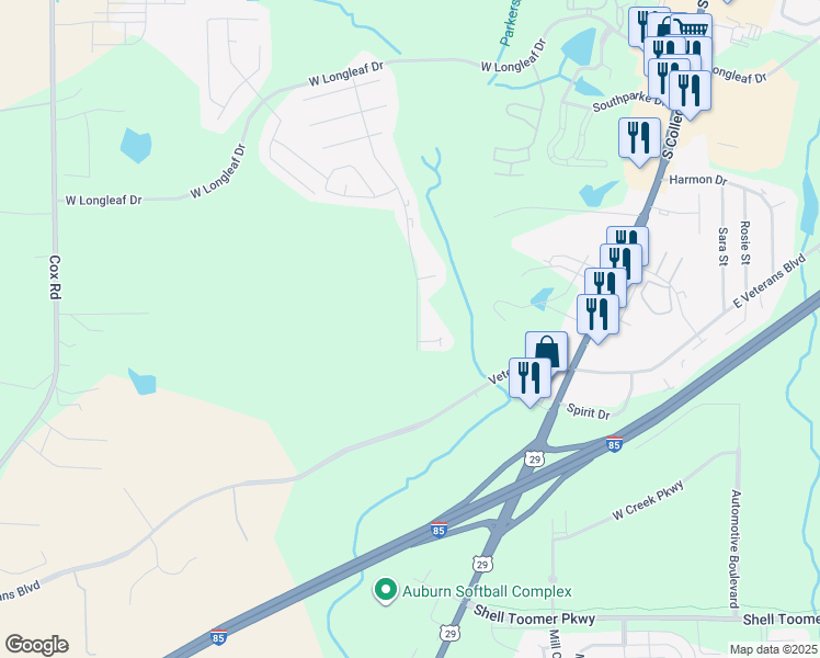 map of restaurants, bars, coffee shops, grocery stores, and more near 406 Veterans Boulevard in Auburn
