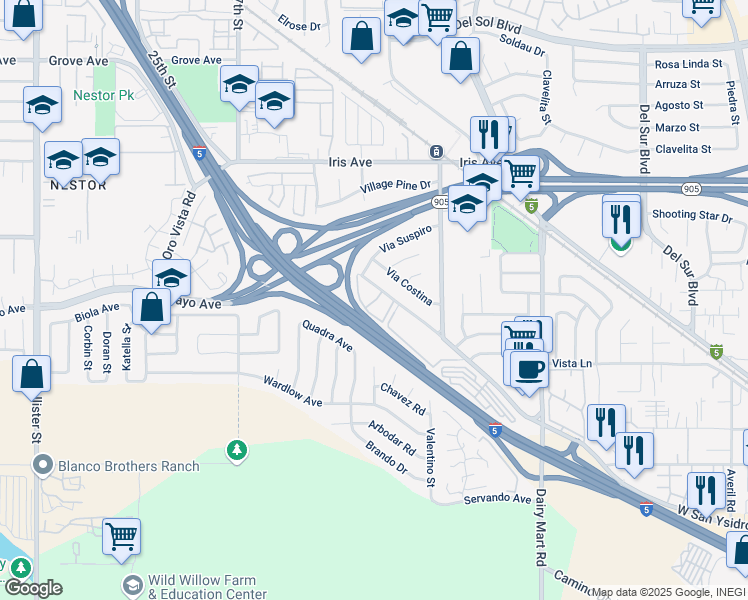map of restaurants, bars, coffee shops, grocery stores, and more near 1316 West San Ysidro Boulevard in San Diego