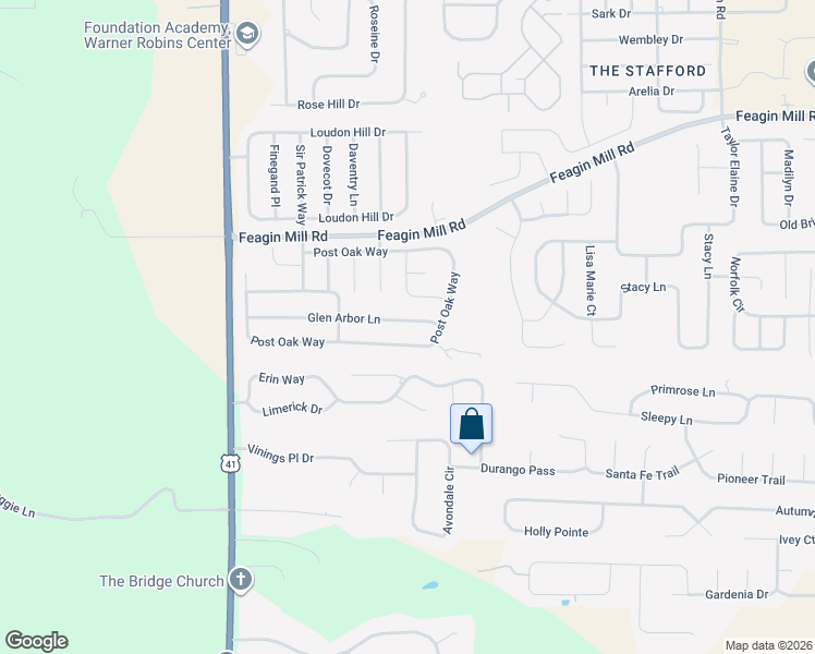 map of restaurants, bars, coffee shops, grocery stores, and more near 75 Glen Arbor Lane in Warner Robins