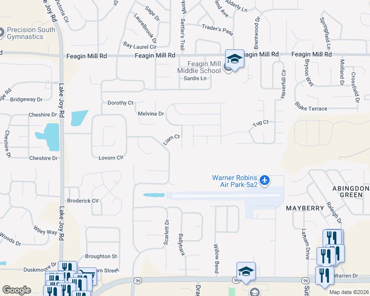 map of restaurants, bars, coffee shops, grocery stores, and more near 212 Apple Court in Warner Robins