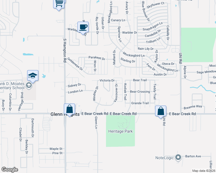 map of restaurants, bars, coffee shops, grocery stores, and more near 1536 Montreal Lane in Glenn Heights