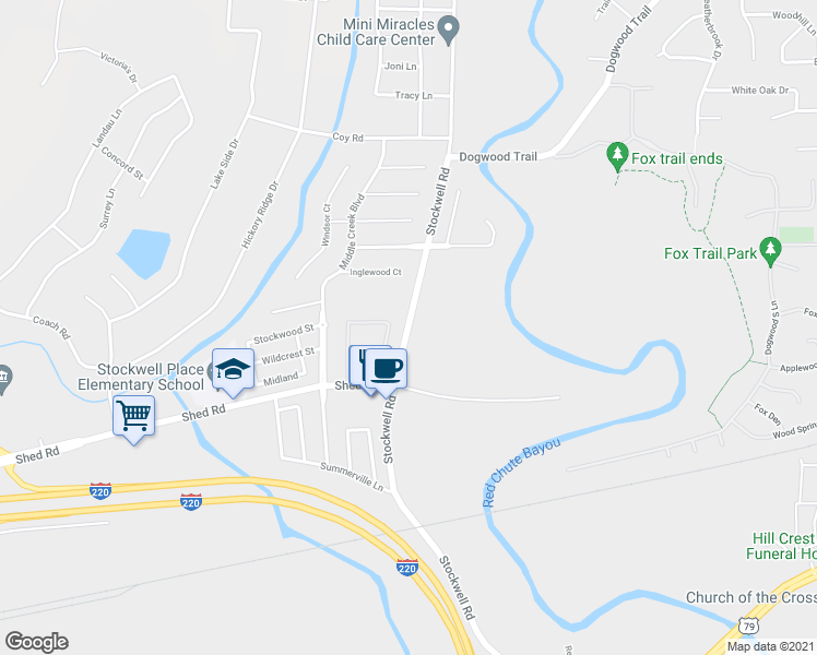 map of restaurants, bars, coffee shops, grocery stores, and more near 2173 Stockwell Road in Bossier City