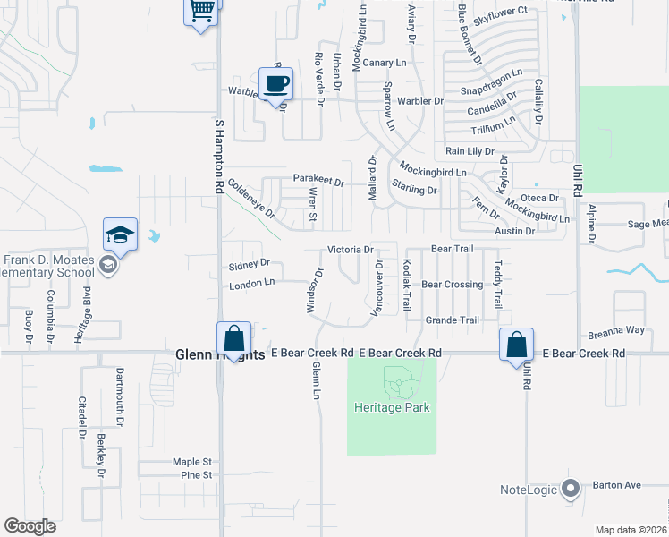 map of restaurants, bars, coffee shops, grocery stores, and more near 1514 Montreal Lane in Red Oak