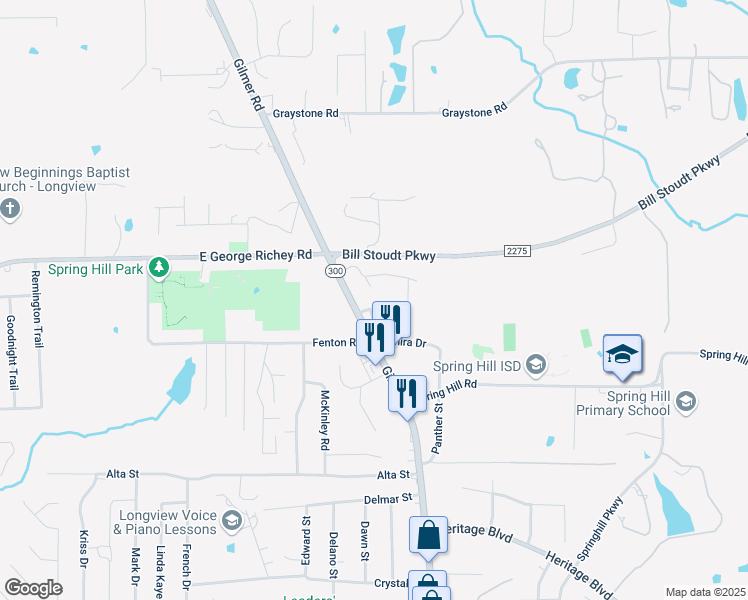 map of restaurants, bars, coffee shops, grocery stores, and more near 4207 Gilmer Road in Longview