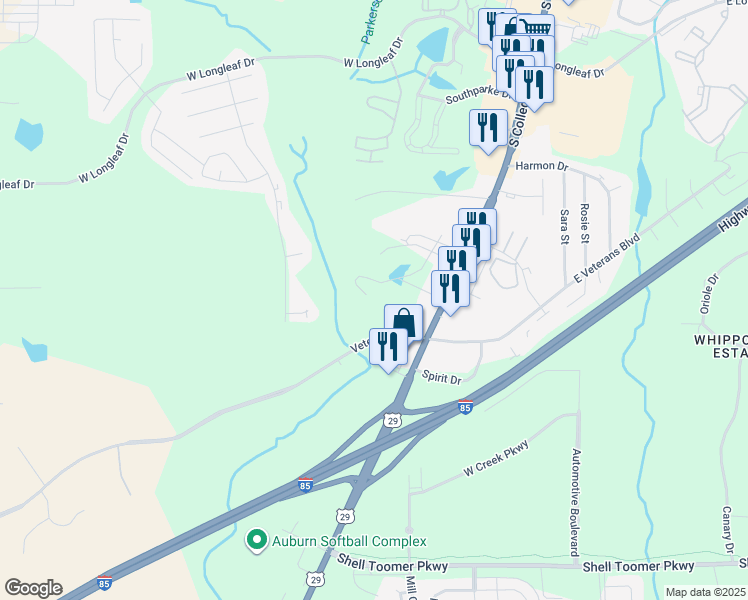 map of restaurants, bars, coffee shops, grocery stores, and more near 2248 U.S. 29 in Auburn