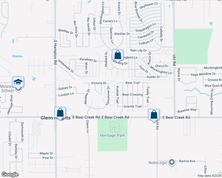 map of restaurants, bars, coffee shops, grocery stores, and more near Alberta Circle in Red Oak