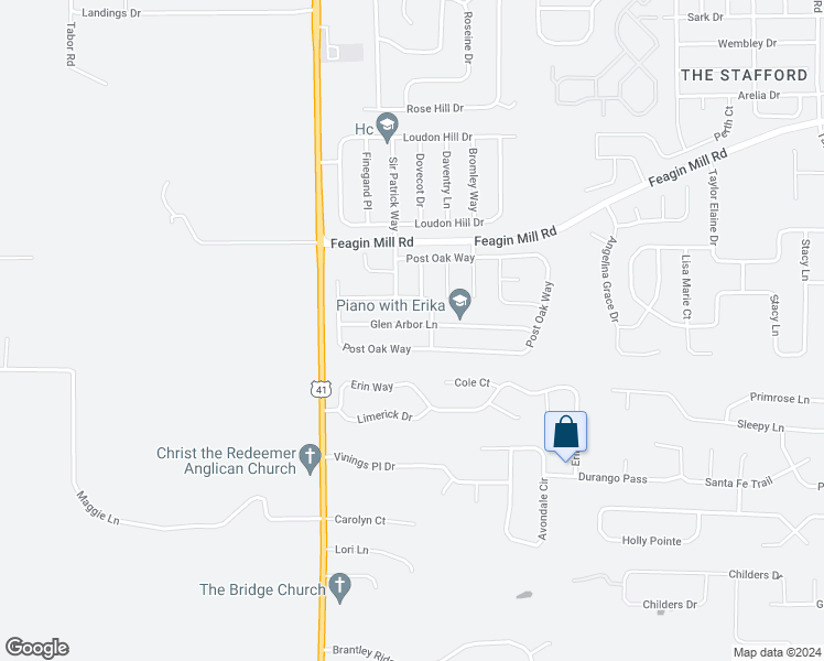 map of restaurants, bars, coffee shops, grocery stores, and more near 105 Glen Arbor Lane in Warner Robins