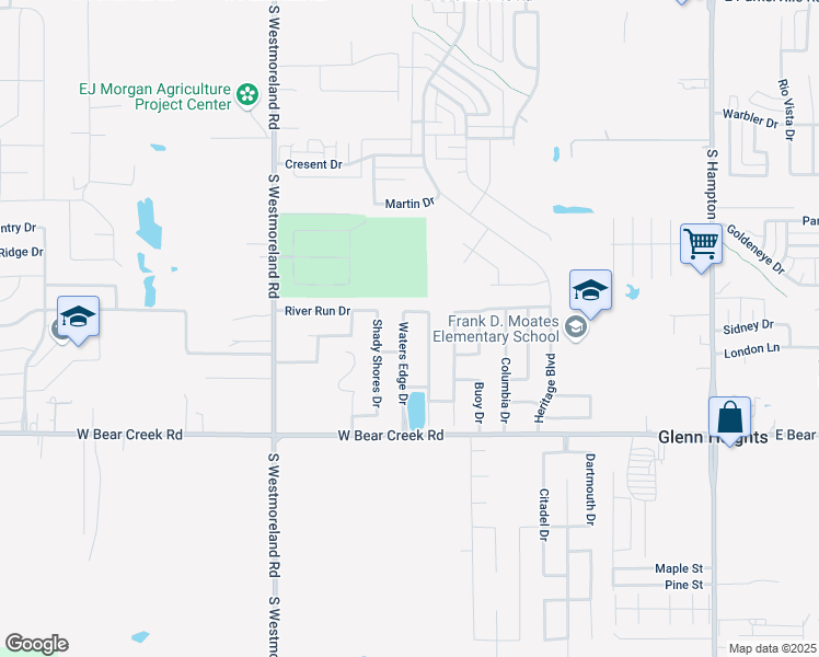 map of restaurants, bars, coffee shops, grocery stores, and more near 1504 Waters Edge Drive in Glenn Heights