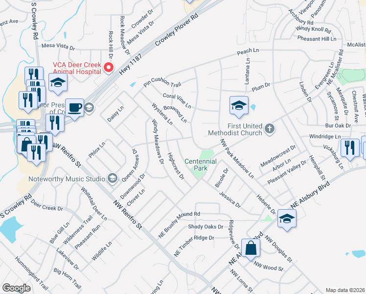 map of restaurants, bars, coffee shops, grocery stores, and more near 396 Meadow Ridge Drive in Burleson