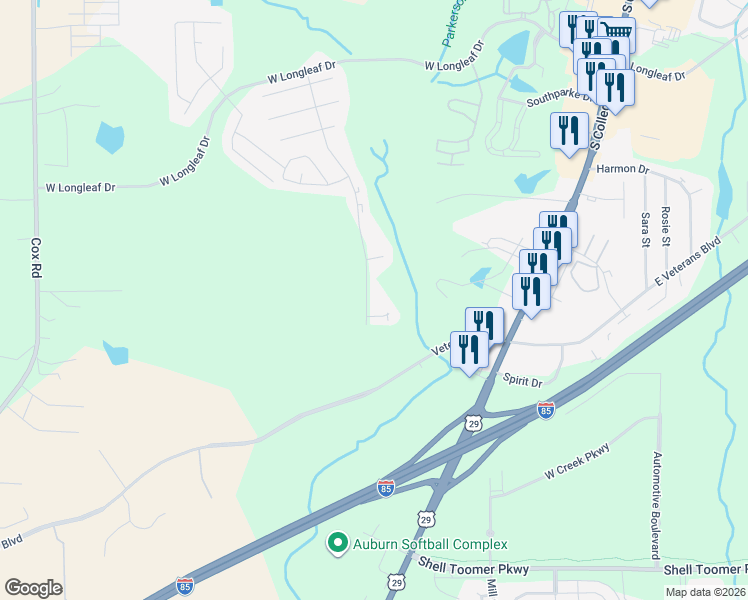 map of restaurants, bars, coffee shops, grocery stores, and more near 2248 U.S. 29 in Auburn