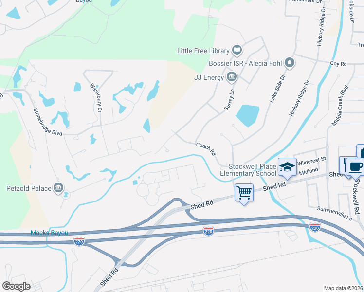 map of restaurants, bars, coffee shops, grocery stores, and more near 5401 Coach Road in Bossier City