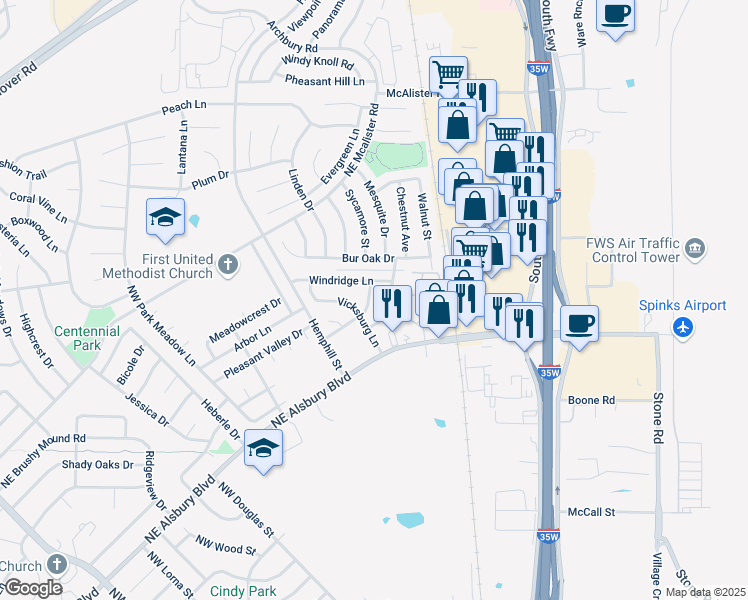 map of restaurants, bars, coffee shops, grocery stores, and more near 708 Baldridge Road in Burleson