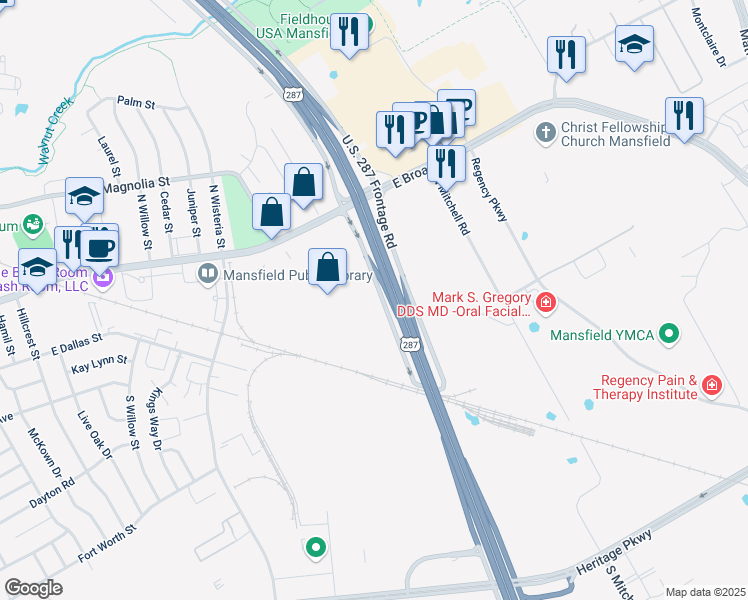 map of restaurants, bars, coffee shops, grocery stores, and more near 120 U.S. 287 Frontage Road in Mansfield