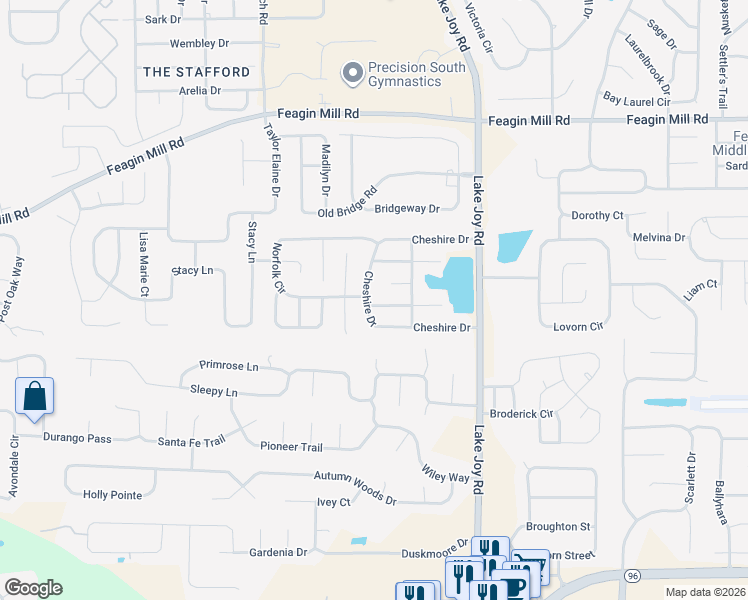 map of restaurants, bars, coffee shops, grocery stores, and more near 301 Cheshire Drive in Warner Robins