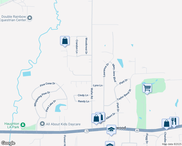 map of restaurants, bars, coffee shops, grocery stores, and more near 1255 1/2 Wafer Road in Haughton