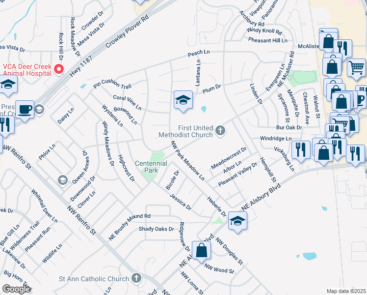 map of restaurants, bars, coffee shops, grocery stores, and more near 1150 Northwest Park Meadow Lane in Burleson
