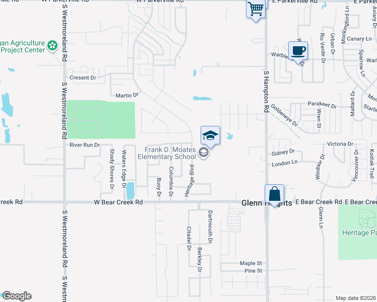 map of restaurants, bars, coffee shops, grocery stores, and more near 1505 Heritage Boulevard in Glenn Heights
