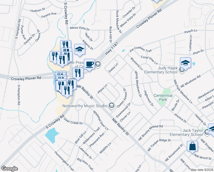map of restaurants, bars, coffee shops, grocery stores, and more near 217 Phlox Lane in Burleson