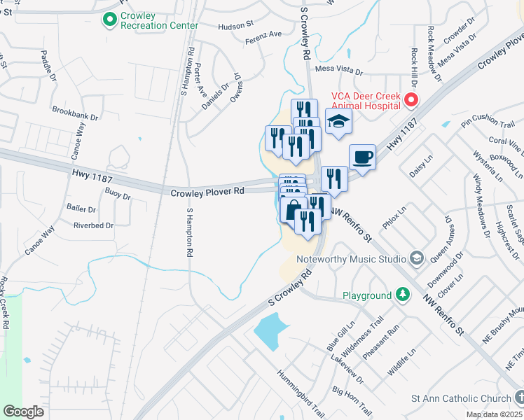 map of restaurants, bars, coffee shops, grocery stores, and more near 1100 South Crowley Road in Crowley