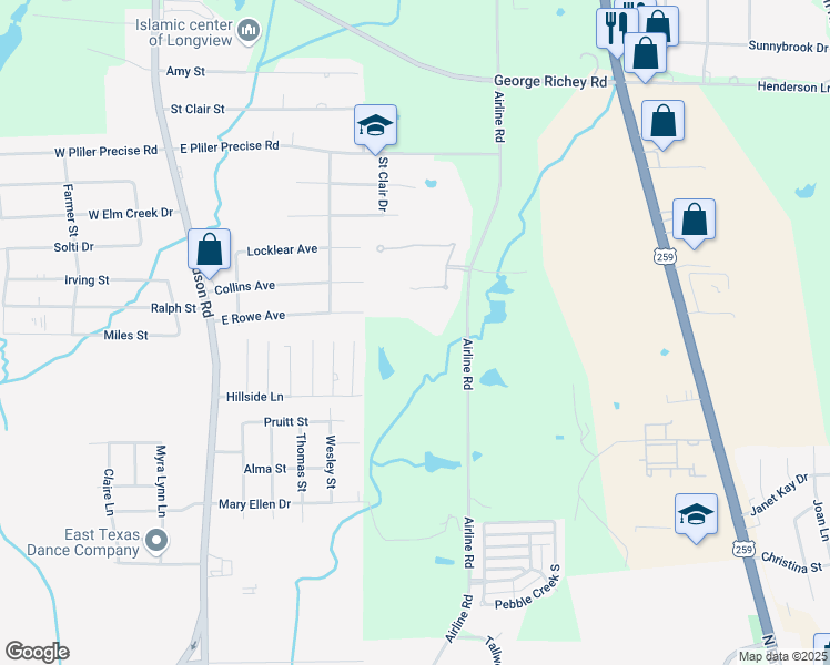 map of restaurants, bars, coffee shops, grocery stores, and more near 4175 Airline Road in Longview