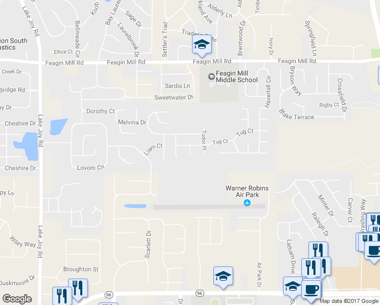 map of restaurants, bars, coffee shops, grocery stores, and more near 104 Allington Walk in Warner Robins