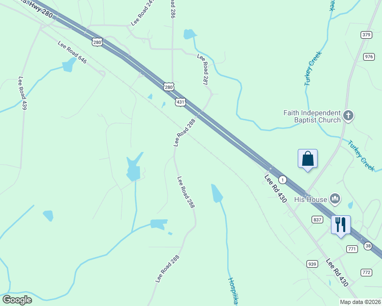 map of restaurants, bars, coffee shops, grocery stores, and more near 1886 Lee Road 288 in Smiths Station