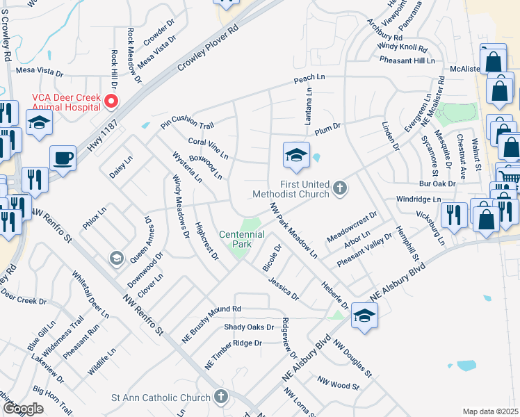 map of restaurants, bars, coffee shops, grocery stores, and more near 412 Blue Star Court in Burleson