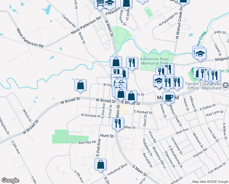 map of restaurants, bars, coffee shops, grocery stores, and more near 111 Walnut Street in Mansfield