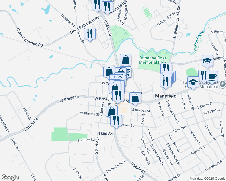 map of restaurants, bars, coffee shops, grocery stores, and more near 111 Walnut Street in Mansfield