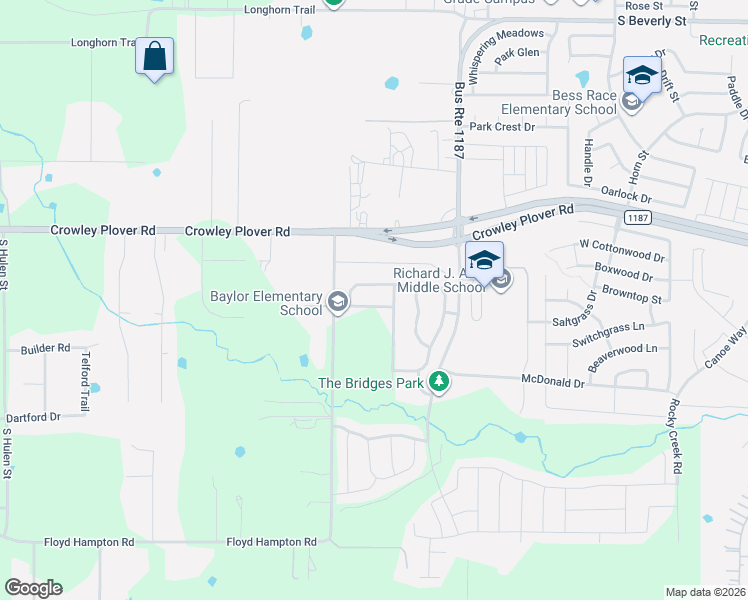 map of restaurants, bars, coffee shops, grocery stores, and more near 4221 Tower Lane in Crowley