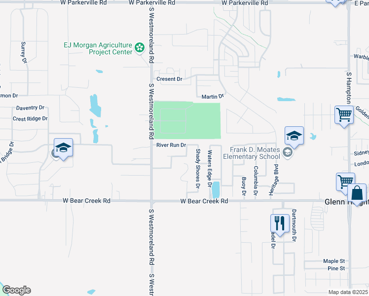 map of restaurants, bars, coffee shops, grocery stores, and more near 470 River Run Drive in Glenn Heights