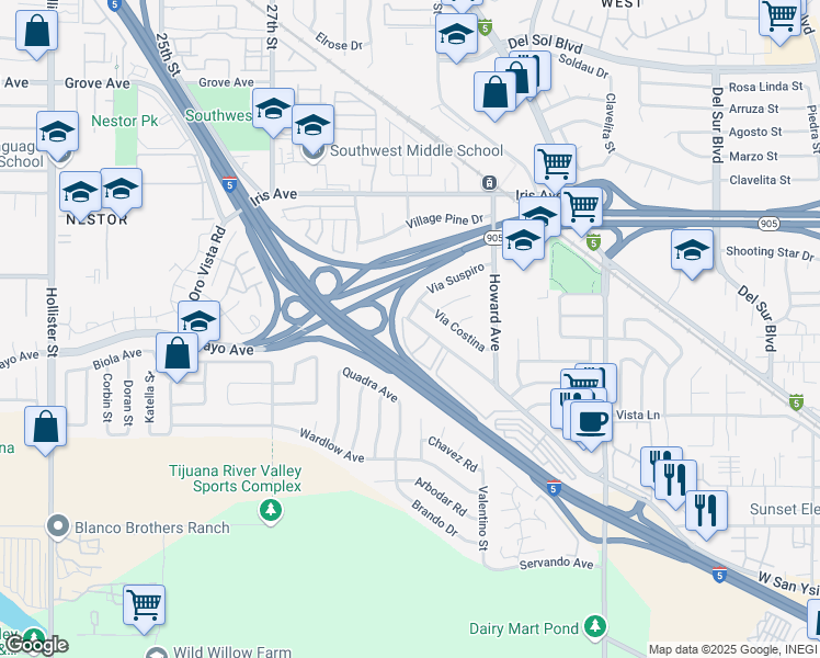 map of restaurants, bars, coffee shops, grocery stores, and more near 1372 West San Ysidro Boulevard in San Diego