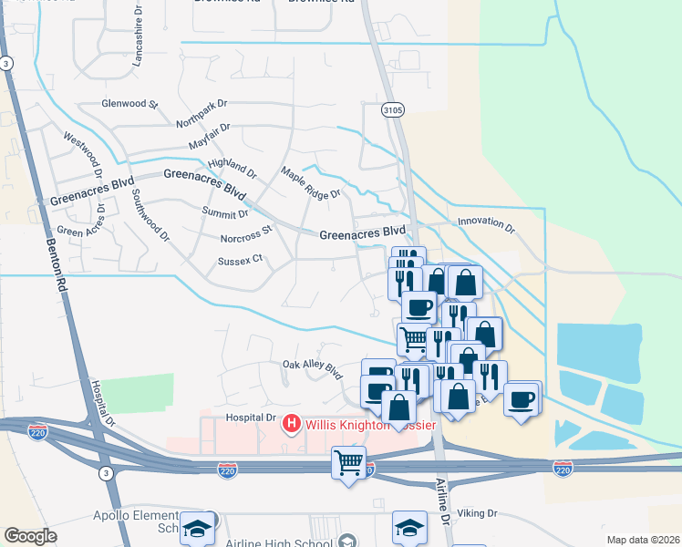 map of restaurants, bars, coffee shops, grocery stores, and more near 103 Ashley Cir in Bossier City